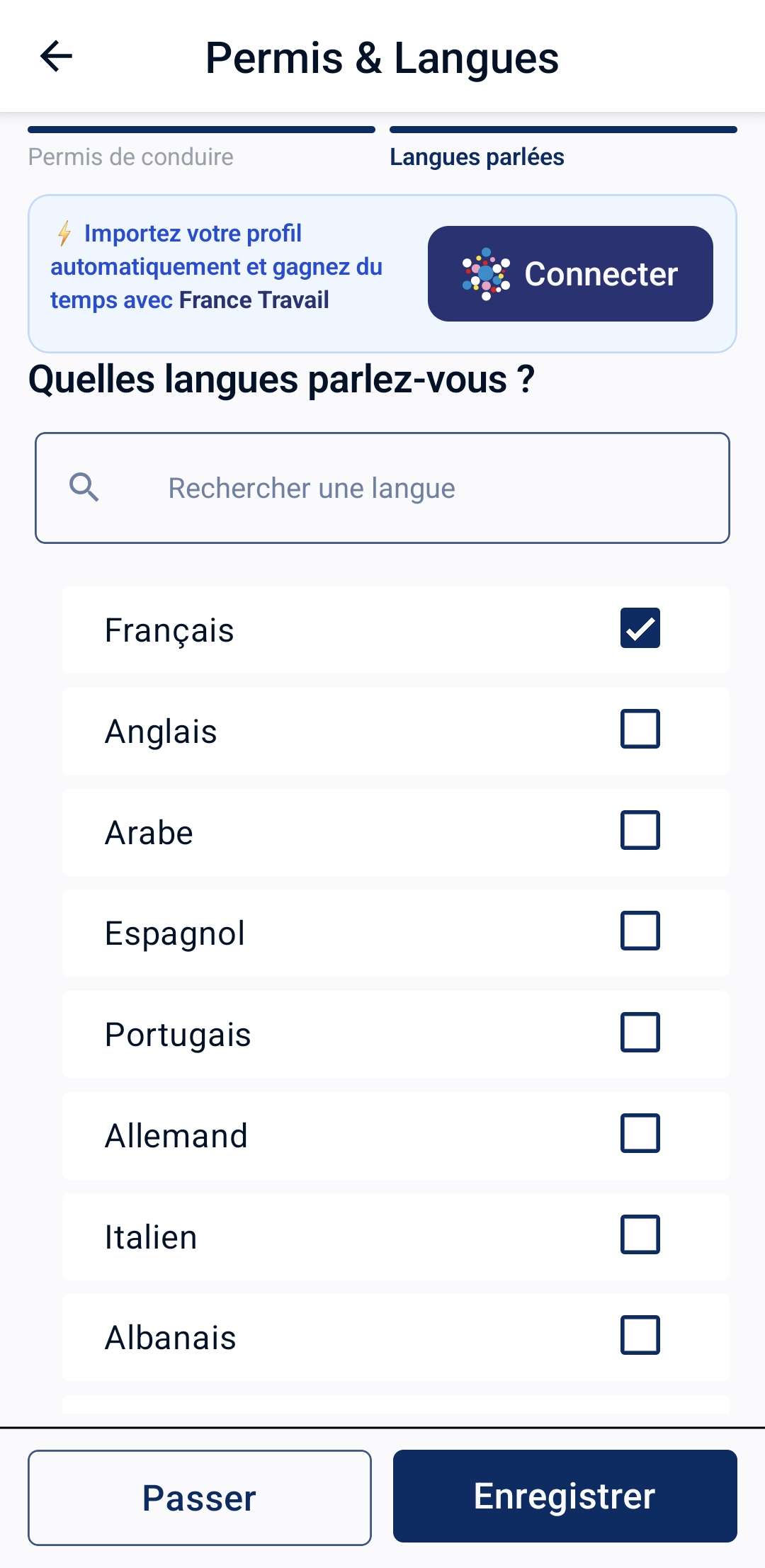 Capture d'écran de la section de modification des langues sur l'application SeekGuard